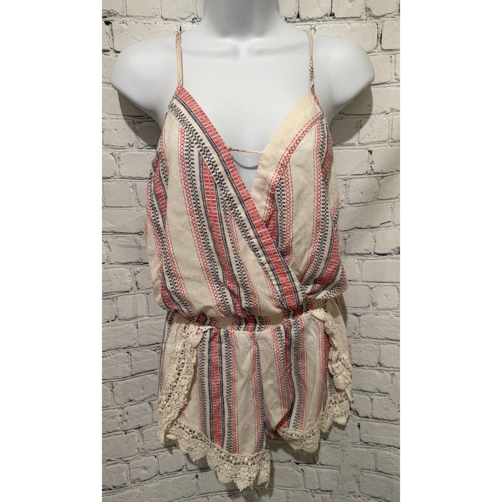 Ocean Drive Rayon Striped Shorts Romper With Lace Trim Size Small